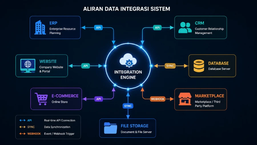 Diagram aliran data antar sistem terintegrasi yang dikembangkan TeraCorp untuk perusahaan di Depok