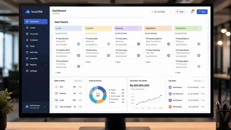 CRM dashboard dan sales pipeline yang dikembangkan TeraCorp untuk perusahaan di Depok